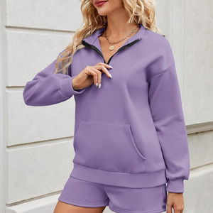 Ensemble deux pièces en polaire surdimensionné pour femmes, couleur violette, avec col zippé et poches, vêtements décontractés pour la maison, style automne - Product Image 4