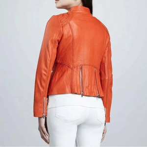 Chaqueta de Motociclista de Cuero PU Naranja, Cuello Alto, Cierre de Cremallera, Corte Ajustado, Estilo Biker con Bolsillos, Unisex, para Otoño - Product Image 3