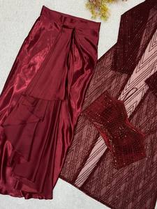 Factory Price OEM Premium Wine <b>Red</b> Indo Western Outfit Traditional Modern Fusion Ready to Wear Draped Skirt Shrug Wholesale Bulk - Product Image 4