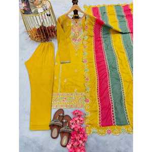 ATRACTIVO CHINON SECUENCIA DE BORDADO DE SECUENCIA TRABAJO TOP INFERIOR CON DUPATTA AMARILLO - Product Image 1