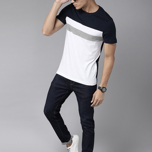 Camiseta de Manga Corta para Hombre, Cuello Redondo, Tejido de Punto, Bloques de Color, Ribete en Contraste, Corte Ajustado, Estilo Casual, Blanco y Azul Marino - Product Image 3