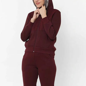 Ensemble de survêtement en molleton bordeaux à capuche, coupe ajustée, sweat-shirt zippé et pantalon, unisexe, décontracté, pour l'hiver, couleur unie, tricoté - Product Image 2