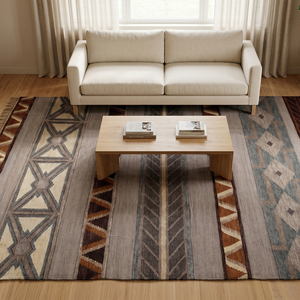 Tapis géométrique en laine tufté à la main Desert Rhythm, gris et marron, à rayures tribales, pour salon, hôtels, intérieurs, antidérapant - Product Image 4