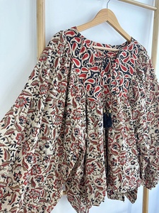 Blusa Bohemia informal Top Algodón puro Estampado floral terroso Indio Bagru Block Camiseta sin mangas bordada Ropa de día de verano - Product Image 5