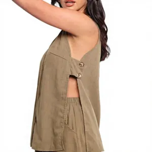 Womens Linen Waistcoat & High Waist Shorts Coord Set often referred to as a Linen <b>Vest</b> Set Linen Waistcoat and Shorts Coord Set - Product Image 1