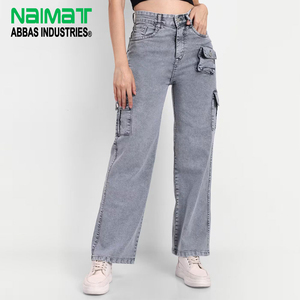 กางเกงยีนส์คาร์โก้เอวสูงสีเทาสำหรับผู้หญิง กางเกงเดนิมขากว้างมีกระเป๋าหลายช่องและทรงหลวมยืดหยุ่น - Product Image 1