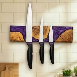 Porte-couteaux magnétique mural en bois et résine, fait main, écologique, avec bande de rangement 10 pièces - Product Image 6