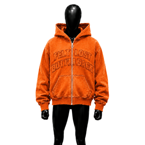 Sweat à capuche zippé vintage orange vieilli avec broderie graphique « Feel Lost But Im Back », coupe oversize, effet délavé, style streetwear - Product Image 1