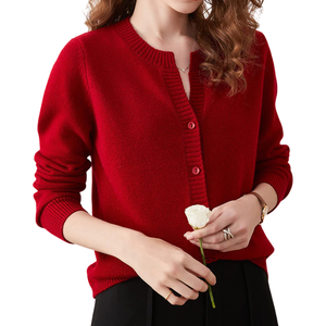 Cardigan en Laine pour Femme 100% Laine Tricoté Automne Chaud Rouge Géométrique Logo Avant Décontracté OEM ODM Personnalisé Vente en Gros Échantillon Gratuit - Product Image 4