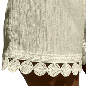 Shorts de plage décontractés pour femmes, taille haute, avec cordon de serrage, bordure en dentelle, légers, pour les vacances d'été, coupe régulière, blanc, 100% XS - Product Image 5