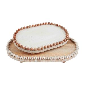 Wholesale Price New Arrival White Marble Tray with Wooden Beads Elegant Oval Serving Tray Decorative Home Decor Tray Set - Product Image 1