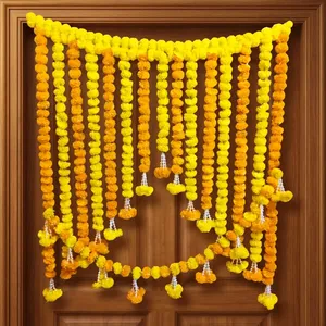 Traditional Yellow Orange Marigold Flower Toran Garland with Hanging Tassels for Wedding Festival <b>Home</b> Entrance Decoration Decor - Product Image 3