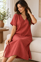 Gaun Midi Wanita Katun Linen Polos Harian V-Neck Tanpa Lengan Musim Panas Longgar dengan Belahan Samping Kasual Pemasok Grosir OEM ODM
