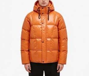 Orange Hooded Puffer Jacket <b>Thick</b> Windproof Casual <b>Winter</b> <b>Coat</b> With Button Closure Solid Color Regular Fit - Product Image 1