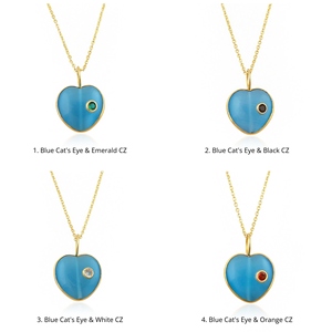 Minimalist Punk Style Charms Jewelry Blue Cat's Eye Heart Statement Pendant Cubic Zirconia 18k Gold Plated Bezel Set Necklace - Product Image 1