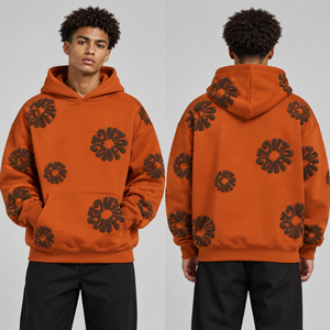 Sweats à capuche bleu roi imprimés en relief avec fleurs blanches en relief, commandes en gros, faible MOQ, fourniture directe usine, motifs personnalisés, poignets côtelés, manches longues - Product Image 5