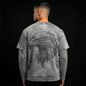 Camiseta Premium para Hombre, Gris, Lavado Ácido, con Diseño Gráfico en Capas, Estilo Urbano, Cuello en V, 100% Algodón, Corte Holgado, Mangas con Pedrería - Product Image 4