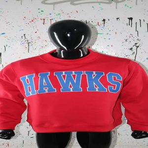 HAWKS RED <b>Mock</b> <b>Neck</b> Sweatshirt 100% Navy Blue Applique Embroidery wide <b>neck</b> Sweatshirt Finer Threads - Product Image 1