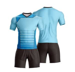 Ensemble de maillots de football rayés bleus et noirs en gros, OEM, manches courtes, col rond, 100% polyester, uniforme adulte toutes saisons - Product Image 3
