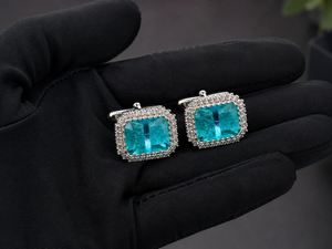 Mancuernillas de Aguamarina Personalizadas al por Mayor para Hombre, Acabado en Oro y Plata, Accesorios para Camisa de Novio - Product Image 3