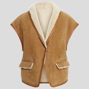 Chaleco Aviador de Piel de Oveja y Gamuza Vintage Marrón B3 para Mujer - Product Image 1