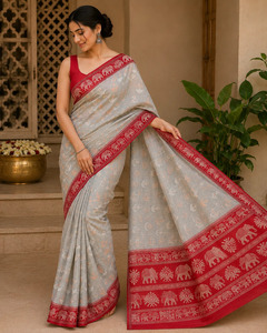 Sari en coton et soie tissé à la main, gris clair avec bordure rouge, motif éléphant, tenue traditionnelle indienne pour fêtes et mariages - Product Image 2