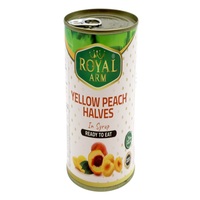 Zoete natuurlijke geconserveerde gele perzikhelften, sappig in siroop met water, voor desserts, taarten, gebak en fruitsalades, retail.