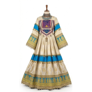 Beige Silk <b>Blue</b> And Gold Embroidery Floor Length Loose Fit Women Traditional Indian Pakistani Wedding Wear Afghan Kuchi Dresses - Product Image 2