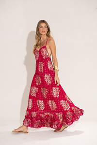 Robe longue bohème élégante pour femmes, rouge, sans manches, col carré, taille haute, 100% coton, écologique, robe de plage d'été - Product Image 4