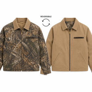 Vestes pour hommes, veste de travail réversible en toile de canard personnalisée, veste zippée style Detroit camouflage et kaki pour hommes, OEM, marque privée - Product Image 1