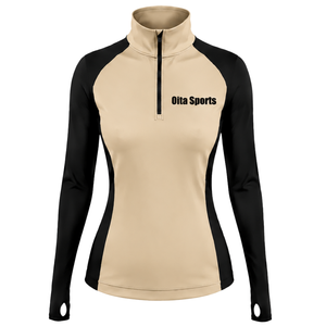Camiseta Deportiva de Manga Larga para Mujer, Cuello Alto, con Orificios para Pulgares, Ajustada, Color Beige, para Entrenamiento Deportivo - Product Image 1