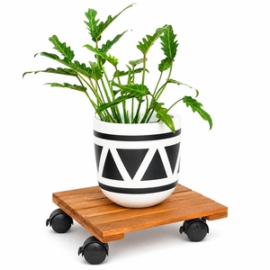 Support de plante minimaliste en bois d'acacia carré de 30 cm, 4 roulettes en PP verrouillables à 360 degrés, support de pot roulant de 80 kg pour sol intérieur/extérieur - Product Image 5