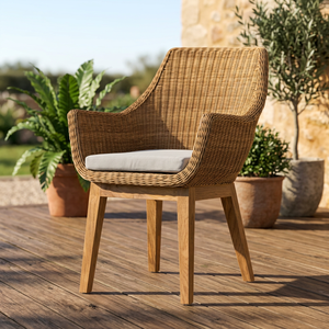 Fauteuil de jardin en rotin tressé avec coussin, chaise de salle à manger d'extérieur, pieds en bois, pour terrasse - Product Image 1
