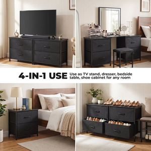 Lot de 2 commodes modernes en tissu avec structure métallique et plateau en bois, organisateur de rangement noir - Product Image 4