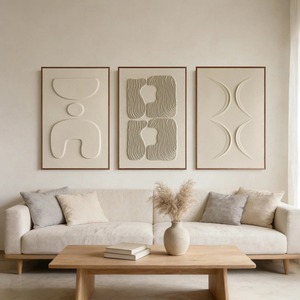 Ensemble de 3 tableaux muraux géométriques 3D Japandi, encadrés, style bohème neutre abstrait - Product Image 1
