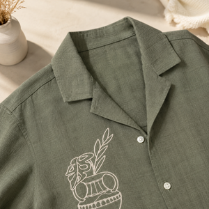 Premium Men's Olive Green Cotton Embroidered <b>Shirt</b> <b>Half</b> Sleeve Casual Camp Collar <b>Shirt</b> with White Botanical Art - Product Image 2