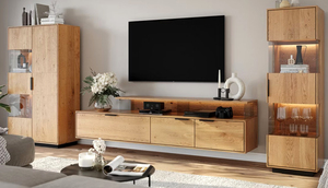 Buffet moderne en bois massif, écologique et durable, avec panneaux surélevés, découpes géométriques, vitrine à panneaux de verre, 5 pieds+, pour salon - Product Image 5