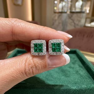 Trendy 18K White Gold Square Shape Princess Cut <b>Emerald</b> Earrings Diamond <b>Stud</b> Custom Design For Milestone Birthday - Product Image 3