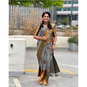 DESIGNER LICHI SILK JACQUARD WORK <b>SAREE</b> <b>WITH</b> UNSTITCHED BLOUSE GREY - Product Image 1