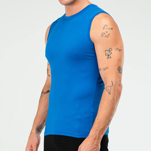 Camiseta sin mangas azul para hombre, cuello redondo, color sólido, transpirable, tejida, informal, camisetas sin mangas para hombre - Product Image 5
