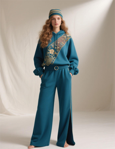 Custom Women's <b>Embroidery</b> Streetwear Heavy Pullover Tracksuit Vintage Distressed Embroidered Flared Sweatpants and Hoodie <b>Set</b> - Product Image 6