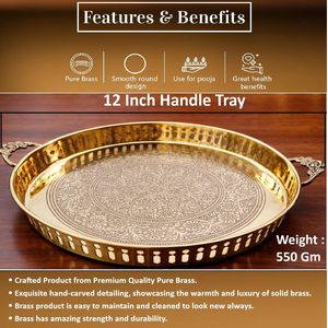 Handmade Embossed Pure Brass Puja Thali with Handle 12 Inch Round Pooja Plate Traditional Aarti Thali for Home Temple <b>Mandir</b> - Product Image 4
