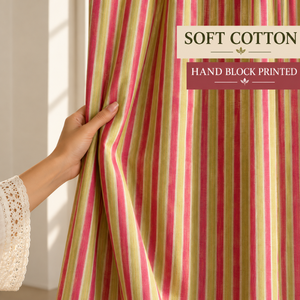Green Red Striped Cotton <b>Curtains</b> | Hand Block Printed Rod Pocket Drapes | Lightweight Boho <b>Window</b> Panels for Living Rooms Decor - Product Image 2