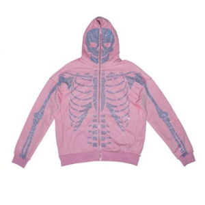 Men's Black Hooded Zip-Up Sweatshirt With <b>Red</b> <b>Glitter</b> Skeleton Print Gothic Style Regular Fit Autumn Wear - Product Image 6