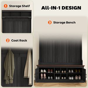 Appendiabiti 3-in-1 in-1 in legno nero con ganci e scarpiera 3-in-1 Hall Tree panca - Product Image 4