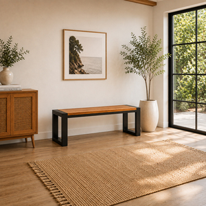Banc de patio industriel Vanta en bois de Suar massif, cadre en fer noir de qualité supérieure, durable, résistant à l'eau, 2 places, restaurant, café, hôtel - Product Image 6