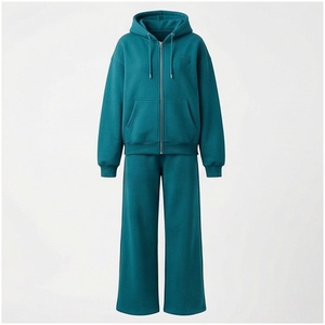 Unisex Teal Hooded Zip-Up Sweatshirt And <b>Sweatpants</b> <b>Set</b> Full Length Loose Fit Solid Color Casual Tracksuit Autumn Wear - Product Image 1