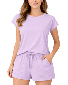 Women 2-Piece <b>Set</b> <b>Knitted</b> <b>Set</b> Short Sleeve O-Neck Top Drawstring Solid Color Breathable Casual Summer Mesh Lace 2-Piece <b>Set</b> - Product Image 1