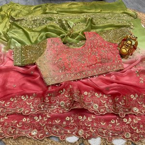 Sari de trabajo de seda Mango de doble tono con bordado Zari original y blusa cosida lista para usar para ocasiones festivas - Product Image 3