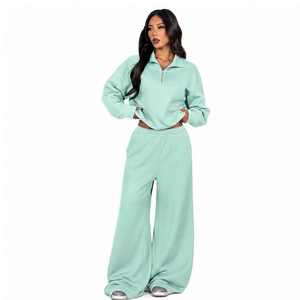 Conjunto Deportivo de 2 Piezas para Mujer, Color Verde Menta, Estilo Urbano, Manga Larga, Pantalones Anchos con Cierre, Corte Regular, Protección UV para Invierno - Product Image 1